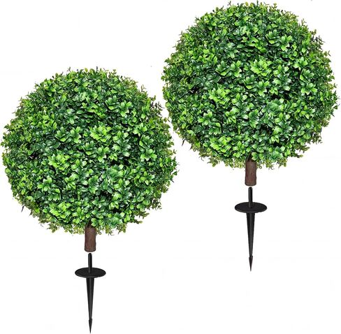 27.5" Artificial Boxwood Topiary Ball Trees for Outdoor with Round Spike, Set of 2 UV Resistant Fake Bushes Artificial Outdoor Shrubs for Front Porch Planters, Weatherproof Faux Greenery Plants Decor in Kuwait