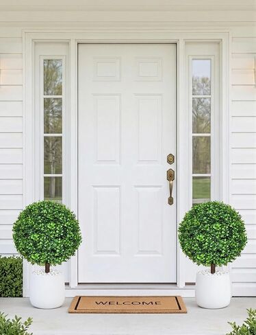 27.5" Artificial Boxwood Topiary Ball Trees for Outdoor with Round Spike, Set of 2 UV Resistant Fake Bushes Artificial Outdoor Shrubs for Front Porch Planters, Weatherproof Faux Greenery Plants Decor in Kuwait