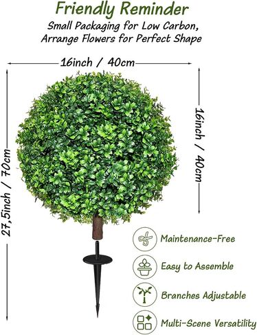 27.5" Artificial Boxwood Topiary Ball Trees for Outdoor with Round Spike, Set of 2 UV Resistant Fake Bushes Artificial Outdoor Shrubs for Front Porch Planters, Weatherproof Faux Greenery Plants Decor in Kuwait