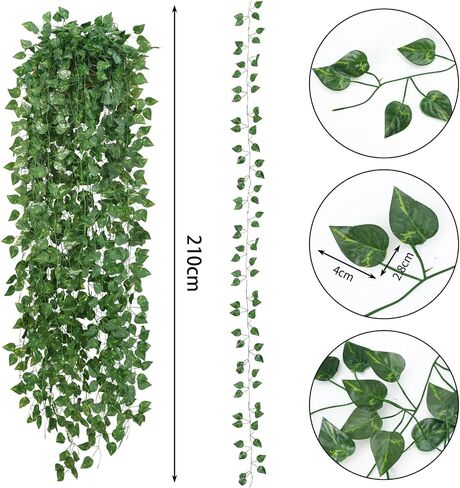 12PCS Artificial Ivy Garland Fake Vines, Faux Pothos Greenery Hanging Plant Leaves, Realistic Vine for Home Wall Wedding Party Indoor Outdoor Decor in Kuwait