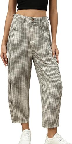 Womens 2026 Summer Barrel Pants Trendy Fashion Plaid High Waisted Baggy Pant with Pockets in Saudi Arabia