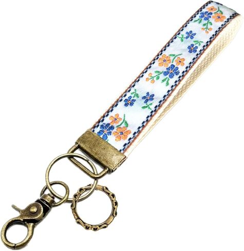Boho Embroidered Wristlet Keychain for Women,Cute Floral Fabric Key Chain Lanyard& Antique Brass Clasp for Purse in Saudi Arabia