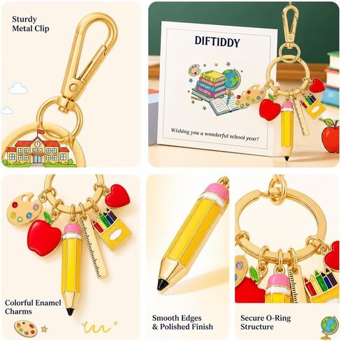 Teacher Keychain Back to School Gift for Women Apple Pencil Crayons Charm Key Ring Cute Handbag Bag Accessory Graduation Gifts in Saudi Arabia