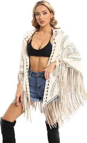 Fashion Women's Faux Suede Laser Cut Triangle Stoles Cape Shrug Scarf With Tassel Shawls in Saudi Arabia