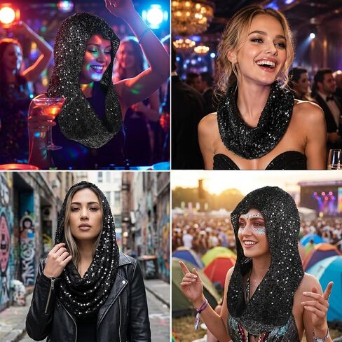 Sequin Rave Hood Head Scarf, Sparkly Bandana Festival Outfit Accessory for Women, Glitter Hooded Scarf for Halloween Mardi Gras Costume & Concert Rave Pash in Saudi Arabia