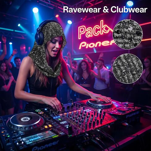 Sequin Rave Hood Head Scarf, Sparkly Bandana Festival Outfit Accessory for Women, Glitter Hooded Scarf for Halloween Mardi Gras Costume & Concert Rave Pash in Saudi Arabia