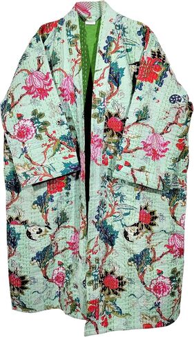 Kantha Kimono, Floral Print Cotton Jacket, Mint Green Jacket, Handmade Lightweight Midi Length in Saudi Arabia