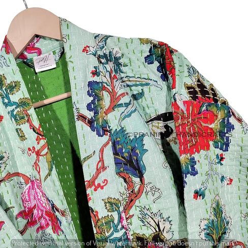 Kantha Kimono, Floral Print Cotton Jacket, Mint Green Jacket, Handmade Lightweight Midi Length in Saudi Arabia