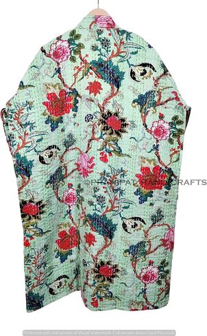 Kantha Kimono, Floral Print Cotton Jacket, Mint Green Jacket, Handmade Lightweight Midi Length in Saudi Arabia