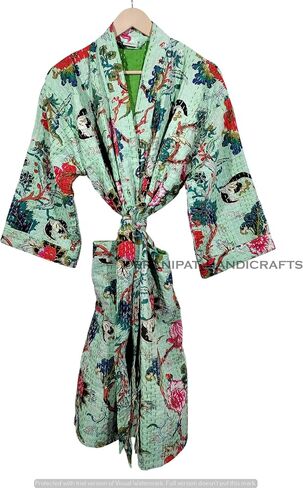 Kantha Kimono, Floral Print Cotton Jacket, Mint Green Jacket, Handmade Lightweight Midi Length in Saudi Arabia