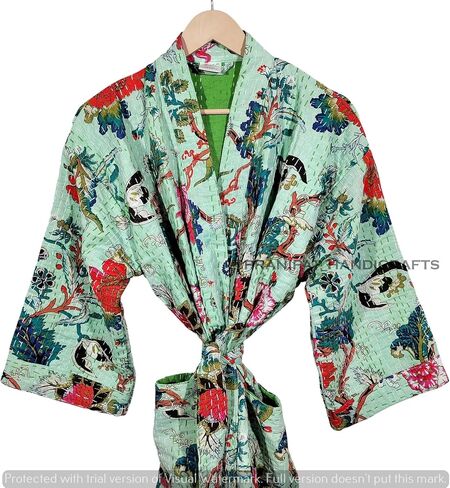 Kantha Kimono, Floral Print Cotton Jacket, Mint Green Jacket, Handmade Lightweight Midi Length in Saudi Arabia