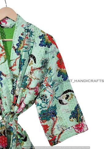 Kantha Kimono, Floral Print Cotton Jacket, Mint Green Jacket, Handmade Lightweight Midi Length in Saudi Arabia