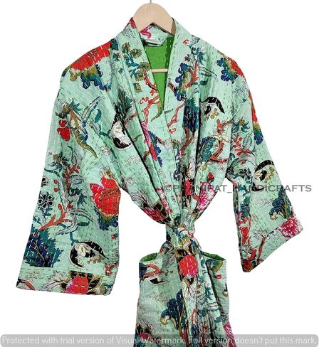 Kantha Kimono, Floral Print Cotton Jacket, Mint Green Jacket, Handmade Lightweight Midi Length in Saudi Arabia