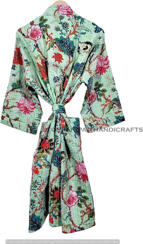 Kantha Kimono, Floral Print Cotton Jacket, Mint Green Jacket, Handmade Lightweight Midi Length in Saudi Arabia
