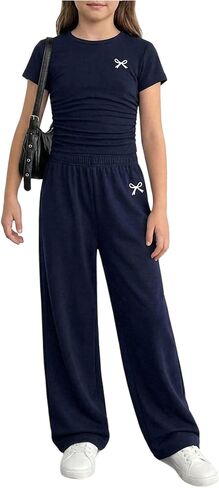 SHENHE Girl's 2 Piece Outfits Bow Print Short Sleeve Ruched Crop Tee and Loose Pants Set Summer Clothes in Kuwait