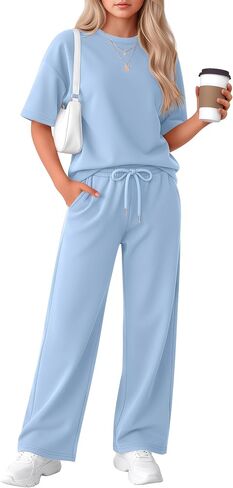 Girls' 2 Piece Outfit Short Sleeve Crewneck Top Drawstring Wide Leg Pants with Pocket Fashion Clothes Sets in Saudi Arabia
