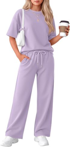 Girls' 2 Piece Outfit Short Sleeve Crewneck Top Drawstring Wide Leg Pants with Pocket Fashion Clothes Sets in Kuwait