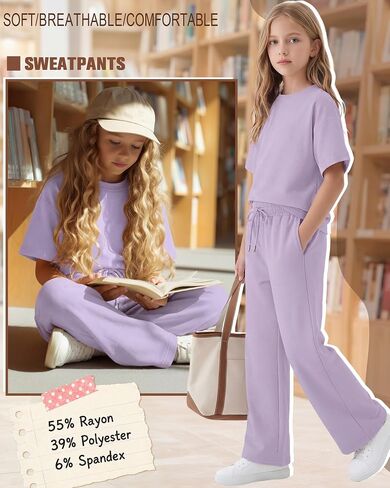 Girls' 2 Piece Outfit Short Sleeve Crewneck Top Drawstring Wide Leg Pants with Pocket Fashion Clothes Sets in Kuwait