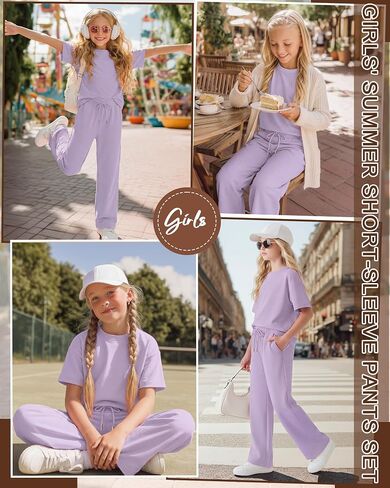 Girls' 2 Piece Outfit Short Sleeve Crewneck Top Drawstring Wide Leg Pants with Pocket Fashion Clothes Sets in Kuwait
