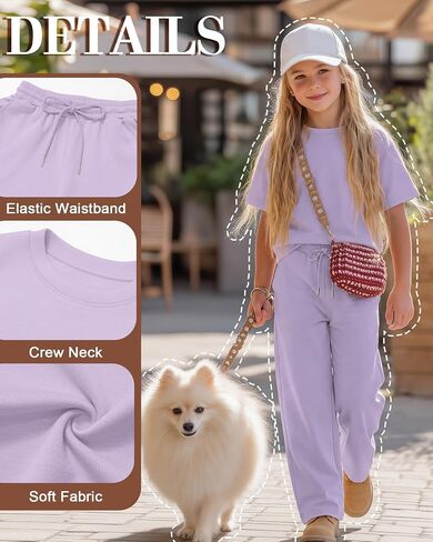 Girls' 2 Piece Outfit Short Sleeve Crewneck Top Drawstring Wide Leg Pants with Pocket Fashion Clothes Sets in Kuwait