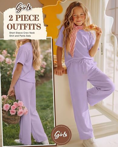 Girls' 2 Piece Outfit Short Sleeve Crewneck Top Drawstring Wide Leg Pants with Pocket Fashion Clothes Sets in Kuwait