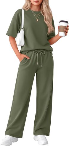 Girls' 2 Piece Outfit Short Sleeve Crewneck Top Drawstring Wide Leg Pants with Pocket Fashion Clothes Sets in Kuwait