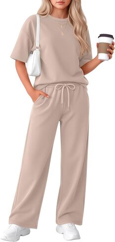 Girls' 2 Piece Outfit Short Sleeve Crewneck Top Drawstring Wide Leg Pants with Pocket Fashion Clothes Sets in Kuwait