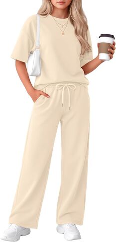 Girls' 2 Piece Outfit Short Sleeve Crewneck Top Drawstring Wide Leg Pants with Pocket Fashion Clothes Sets in Kuwait