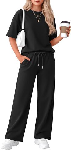 Girls' 2 Piece Outfit Short Sleeve Crewneck Top Drawstring Wide Leg Pants with Pocket Fashion Clothes Sets in Kuwait
