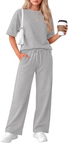 Girls' 2 Piece Outfit Short Sleeve Crewneck Top Drawstring Wide Leg Pants with Pocket Fashion Clothes Sets in Kuwait