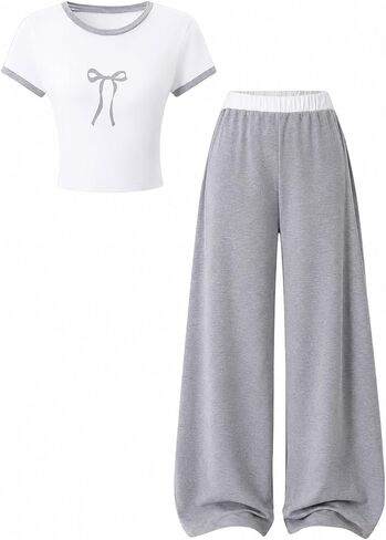 Azmxynol Tween Girls Clothes 2 Piece Outfit T-Shirt Top + Wide Leg Pants Girl Trendy Clothing Set, Sizes 7-16 Years in Saudi Arabia