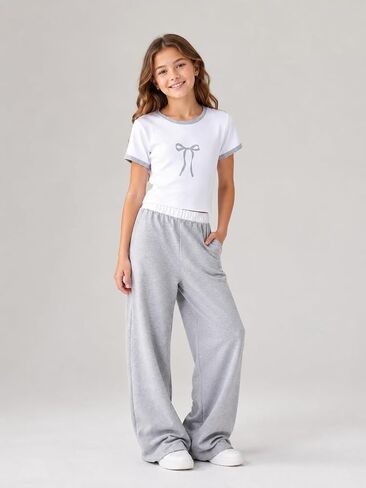 Azmxynol Tween Girls Clothes 2 Piece Outfit T-Shirt Top + Wide Leg Pants Girl Trendy Clothing Set, Sizes 7-16 Years in Kuwait