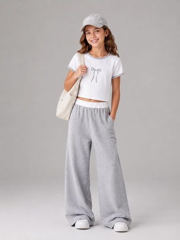 Azmxynol Tween Girls Clothes 2 Piece Outfit T-Shirt Top + Wide Leg Pants Girl Trendy Clothing Set, Sizes 7-16 Years in Kuwait
