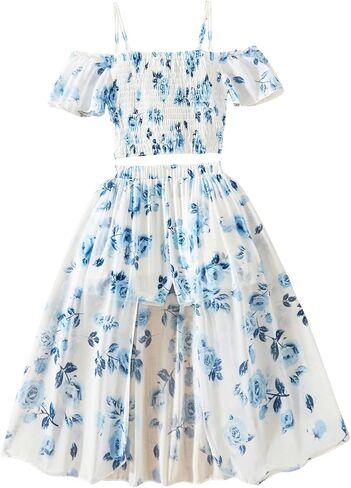 RoseSeek Girl's 2 Piece Summer Outfits Floral Print Cold Shoulder Tops with Sheer Skirted Shorts Cottagecore Clothes in Kuwait