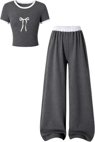 Azmxynol Tween Girls Clothes 2 Piece Outfit T-Shirt Top + Wide Leg Pants Girl Trendy Clothing Set, Sizes 7-16 Years in Kuwait