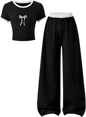Azmxynol Tween Girls Clothes 2 Piece Outfit T-Shirt Top + Wide Leg Pants Girl Trendy Clothing Set, Sizes 7-16 Years in Kuwait