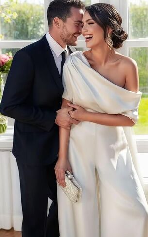 Mother of The Bride Pant Suits for Wedding One Shoulder Satin Short Sleeves Formal Wedding Guest Jumpsuits in Saudi Arabia