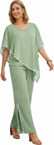 2 Piece Chiffon Flowy Mother of The Bride Pant Suits V Neck Cape Overlay Wedding Guest Women Dressy Outfit WT039 in Kuwait