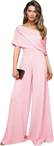 Mother of The Bride Pant Suits for Wedding One Shoulder Satin Short Sleeves Formal Wedding Guest Jumpsuits in Saudi Arabia