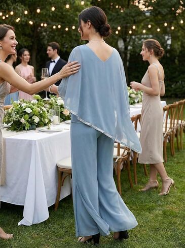 2 Piece Chiffon Flowy Mother of The Bride Pant Suits V Neck Cape Overlay Wedding Guest Women Dressy Outfit WT039 in Kuwait