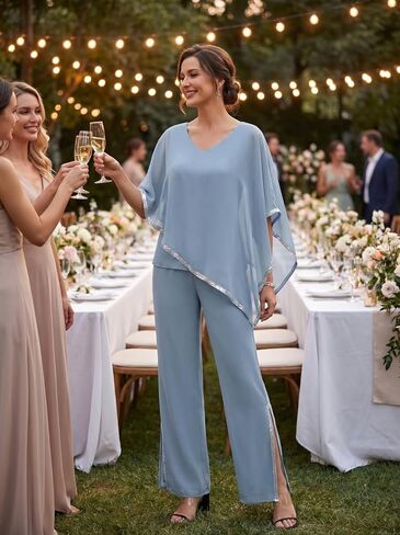 2 Piece Chiffon Flowy Mother of The Bride Pant Suits V Neck Cape Overlay Wedding Guest Women Dressy Outfit WT039 in Kuwait