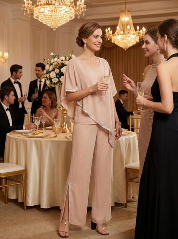 2 Piece Chiffon Flowy Mother of The Bride Pant Suits V Neck Cape Overlay Wedding Guest Women Dressy Outfit WT039 in Kuwait