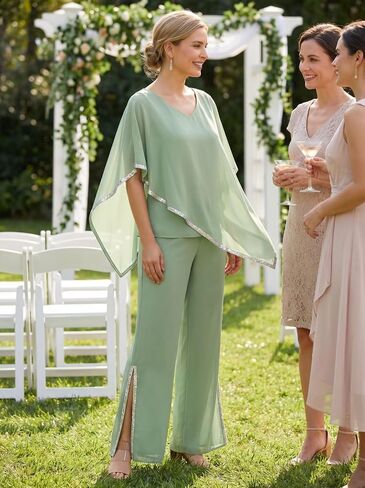 2 Piece Chiffon Flowy Mother of The Bride Pant Suits V Neck Cape Overlay Wedding Guest Women Dressy Outfit WT039 in Kuwait