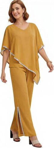 2 Piece Chiffon Flowy Mother of The Bride Pant Suits V Neck Cape Overlay Wedding Guest Women Dressy Outfit WT039 in Kuwait