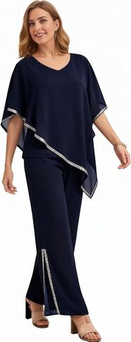 2 Piece Chiffon Flowy Mother of The Bride Pant Suits V Neck Cape Overlay Wedding Guest Women Dressy Outfit WT039 in Kuwait