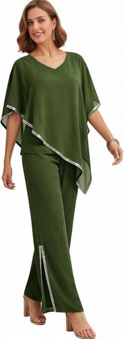 2 Piece Chiffon Flowy Mother of The Bride Pant Suits V Neck Cape Overlay Wedding Guest Women Dressy Outfit WT039 in Kuwait