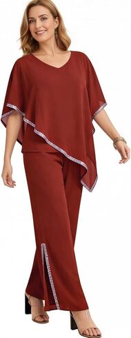 2 Piece Chiffon Flowy Mother of The Bride Pant Suits V Neck Cape Overlay Wedding Guest Women Dressy Outfit WT039 in Kuwait