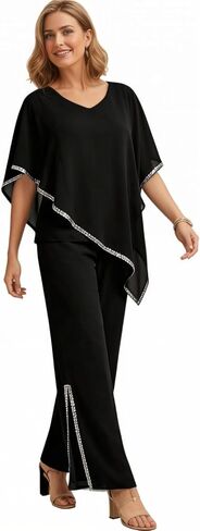 2 Piece Chiffon Flowy Mother of The Bride Pant Suits V Neck Cape Overlay Wedding Guest Women Dressy Outfit WT039 in Kuwait