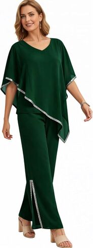 2 Piece Chiffon Flowy Mother of The Bride Pant Suits V Neck Cape Overlay Wedding Guest Women Dressy Outfit WT039 in Kuwait
