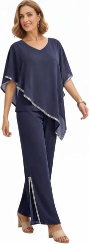 2 Piece Chiffon Flowy Mother of The Bride Pant Suits V Neck Cape Overlay Wedding Guest Women Dressy Outfit WT039 in Kuwait